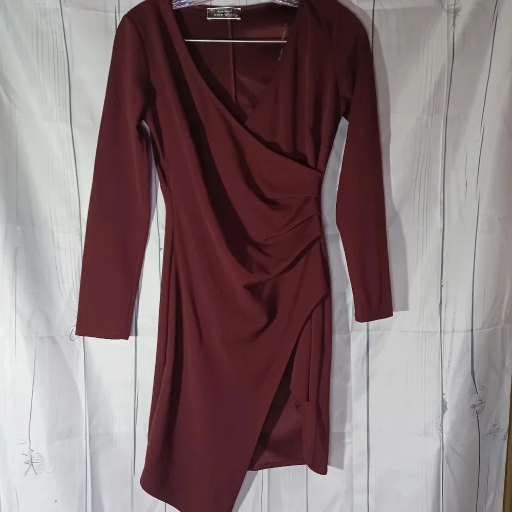 Blue Blush long-sleeve wrap front Surplice Neckline datenight dress